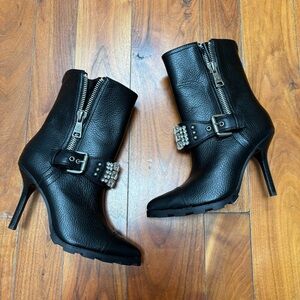 Karl Lagerfeld Paris Mable Buckle Rhinestone Studded Leather Heel Bootie 6.5